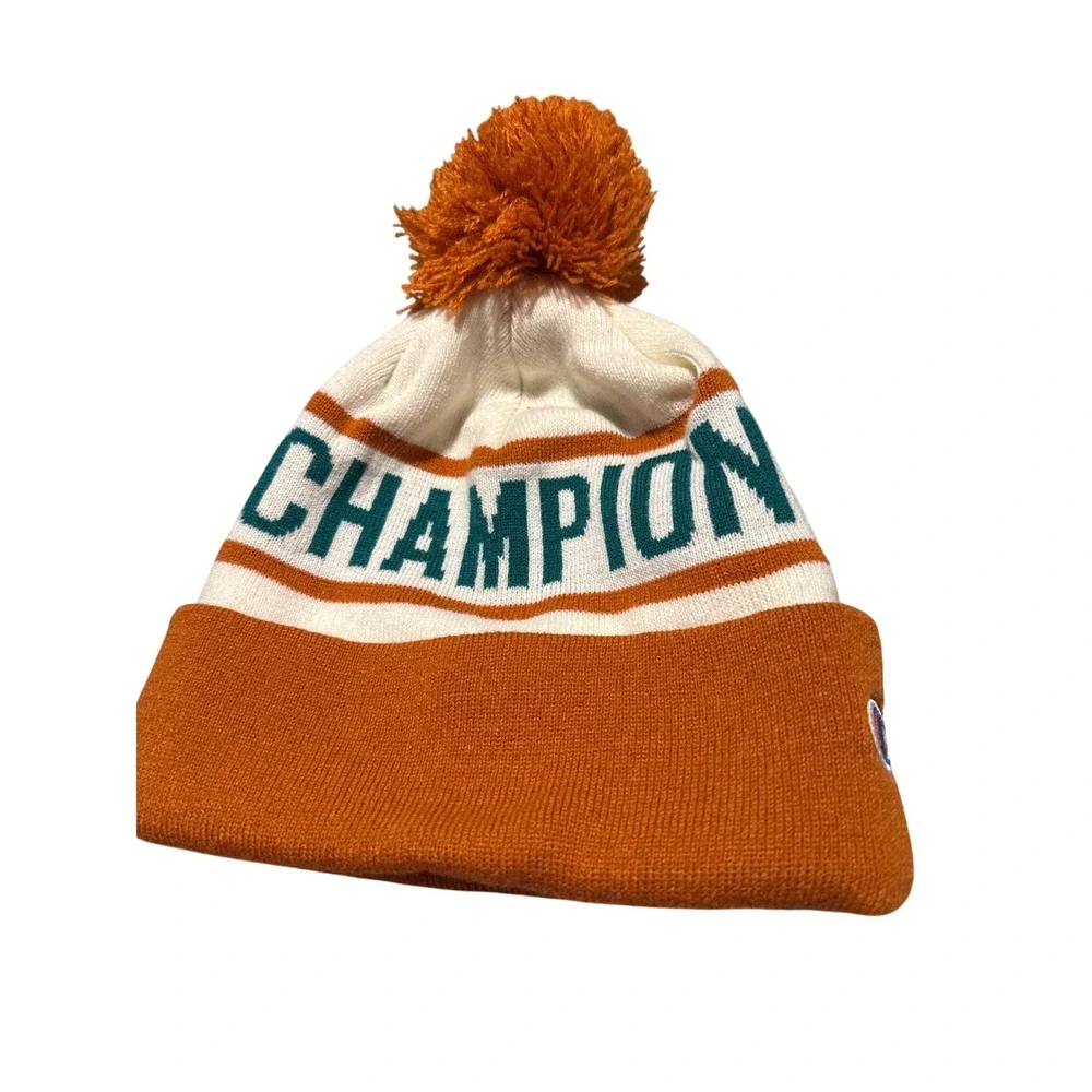 Champion Knit Pom Beanie Hat Orange White Teal Cuffed Logo One Size NWT